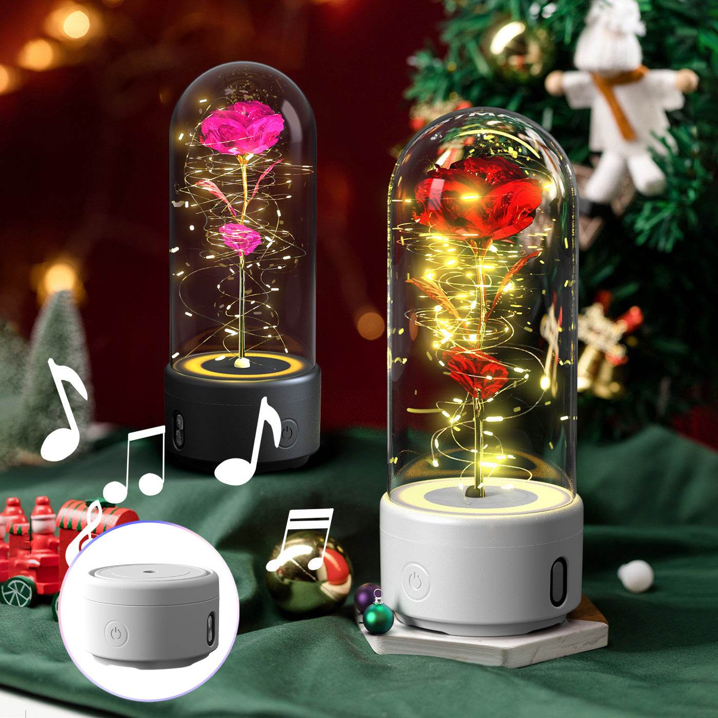 Creative 2 In 1 Rose Flowers LED Light And Bluetooth-compatible Speaker Valentine's Day Gift Rose Luminous Night Light Ornament In Glass Cover - www.Shopthatapp.com
