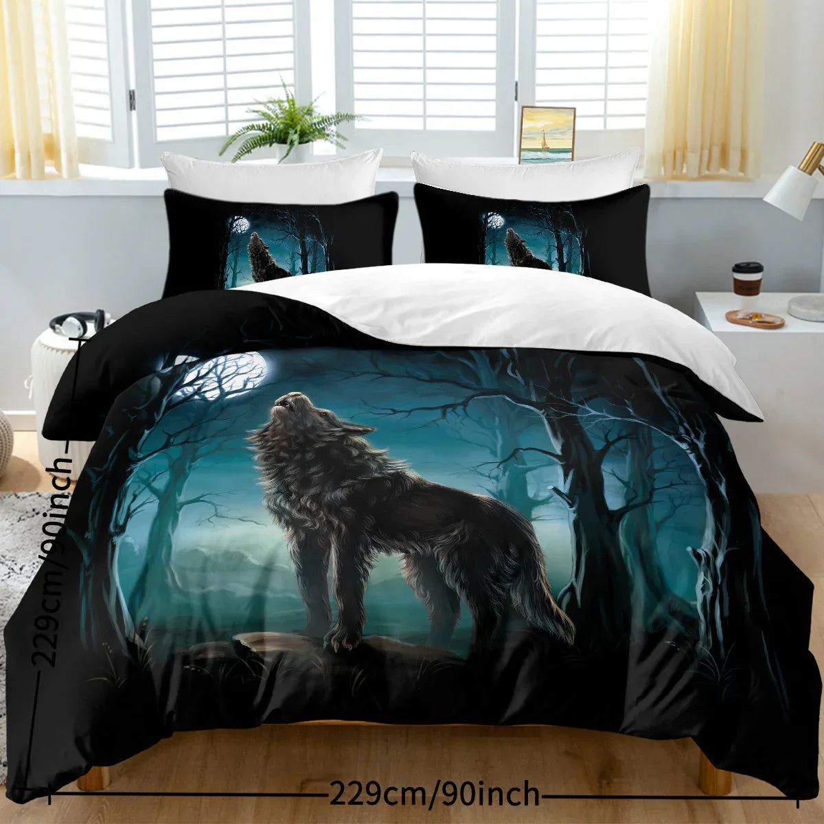 Moon Wolf Bedding Green Watercolor Forest Wolf Landscape Duvet Cover Sets 3 Pieces Wild Animal Bedding Set Twin Full Queen King Size - www.Shopthatapp.com