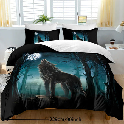 Moon Wolf Bedding Green Watercolor Forest Wolf Landscape Duvet Cover Sets 3 Pieces Wild Animal Bedding Set Twin Full Queen King Size - www.Shopthatapp.com