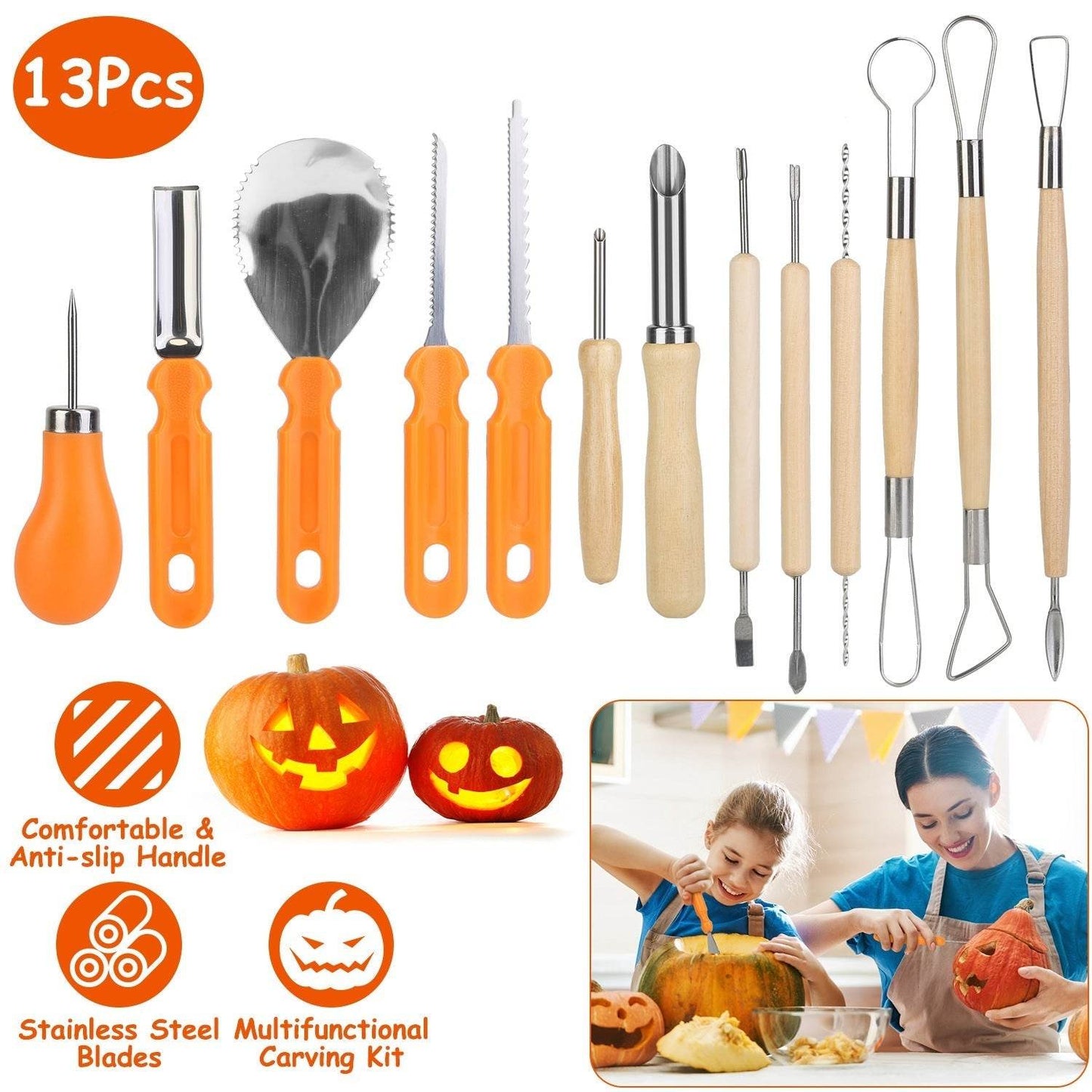 13Pcs Halloween Pumpkin Carving Kit Stainless Steel Carving Kit Pumpkin Sculpting Cutting Kit Halloween Decorative Tools - www.Shopthatapp.com #