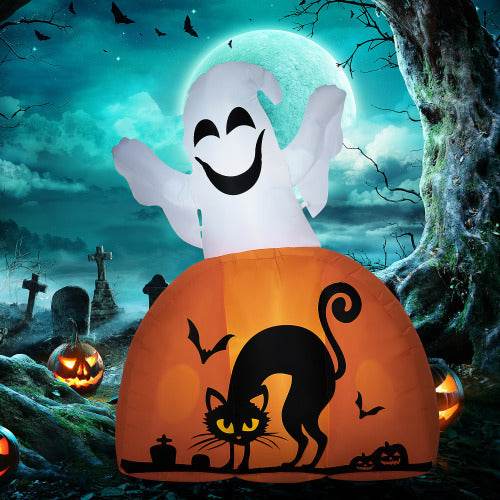 HOMCOM 5ft Halloween Inflatables Outdoor Decorations Ghost With Pumpkin, Outdoor Blow Up Yard Decor With LED Lights For Garden, Lawn, Party, Holiday - www.Shopthatapp.com