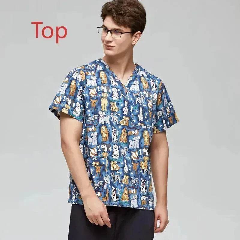 Surgical Gown Printed V-neck Pet Doctor Beauty Hospital Work Clothes Flower Dog Blue - www.Shopthatapp.com