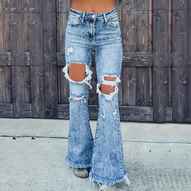 Blue Denim Ripped Flare Jeans pant for Women Raw Hem Pant - www.Shopthatapp.com