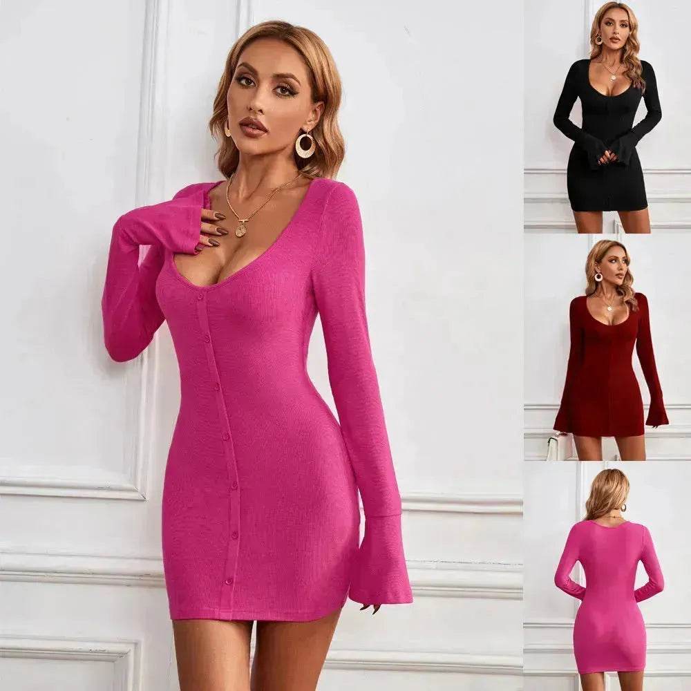 Chic Ladies Bodycon U-neck Long-sleeved Dress Charming Slim Hip-hugging Short Mini  Dresses  for Women - www.Shopthatapp.com