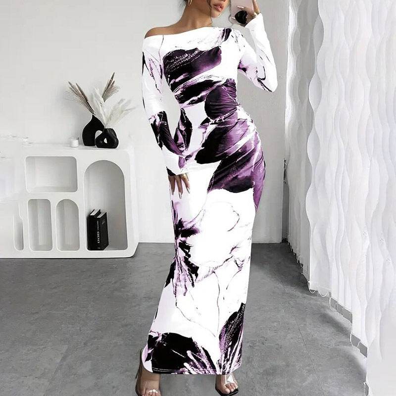 Elegant Long Sleeve Off-Shoulder Tie-Dye Floral Bodycon Dress Stretchy Season Party & Casual Dress - www.Shopthatapp.com