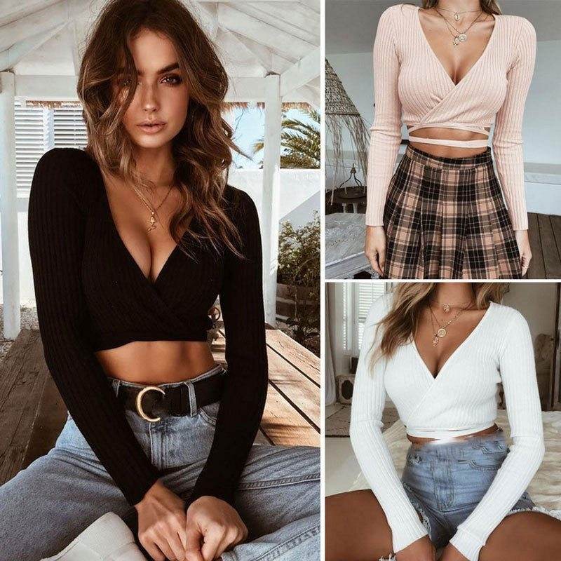 Sexy Women Ladies Summer Slim Crop Tops Long Sleeve T Shirt Casual Solid V Neck Knitted Short Tops - www.Shopthatapp.com