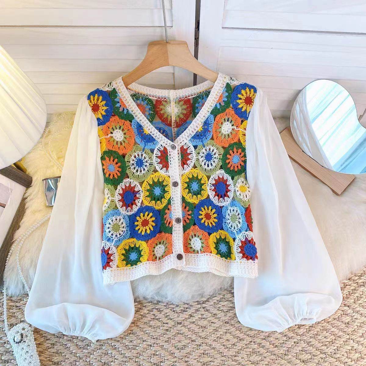Summer Vacation Style Crocheted Hollow Design Knitted Chiffon Patchwork Long Sleeve Retro Slimming V-neck blouse top For Women - www.Shopthatapp.com