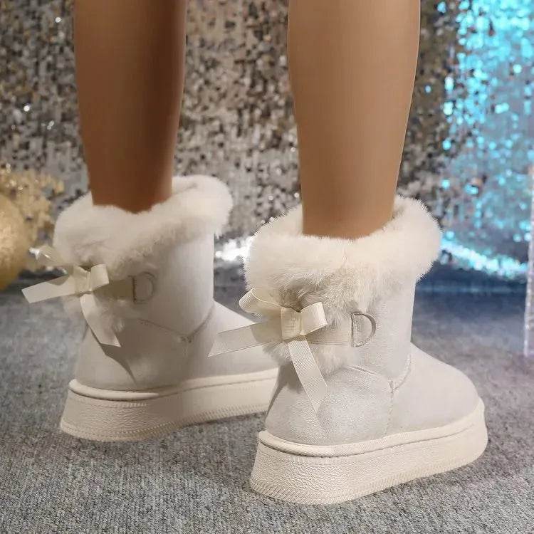 Winter Snow Boots With Bowknot Fashion Round Toe Flat Thickened Suede Cotton Shoes For Women Casual Warm Plush Short Boot - www.Shopthatapp.com