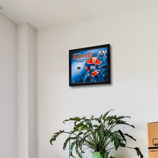 Connor McDavid 16x20 Photo Frame with Game-Used Net - Edmonton Oilers - www.Shopthatapp.com