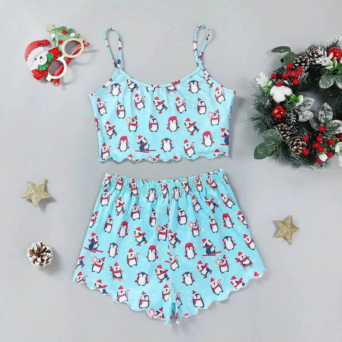 Christmas European And American Thin Pajamas Women's Sleeveless Shorts Milk Silk Simple Casual Two-piece Suit Homewear - www.Shopthatapp.com