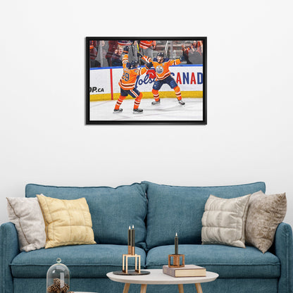 Leon Draisaitl and Connor McDavid 20x29 Framed Canvas Oilers Celebration-H - www.Shopthatapp.com