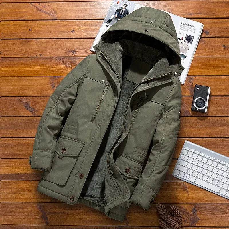 Thickened multi-pocket hooded men's cotton coat - www.Shopthatapp.com