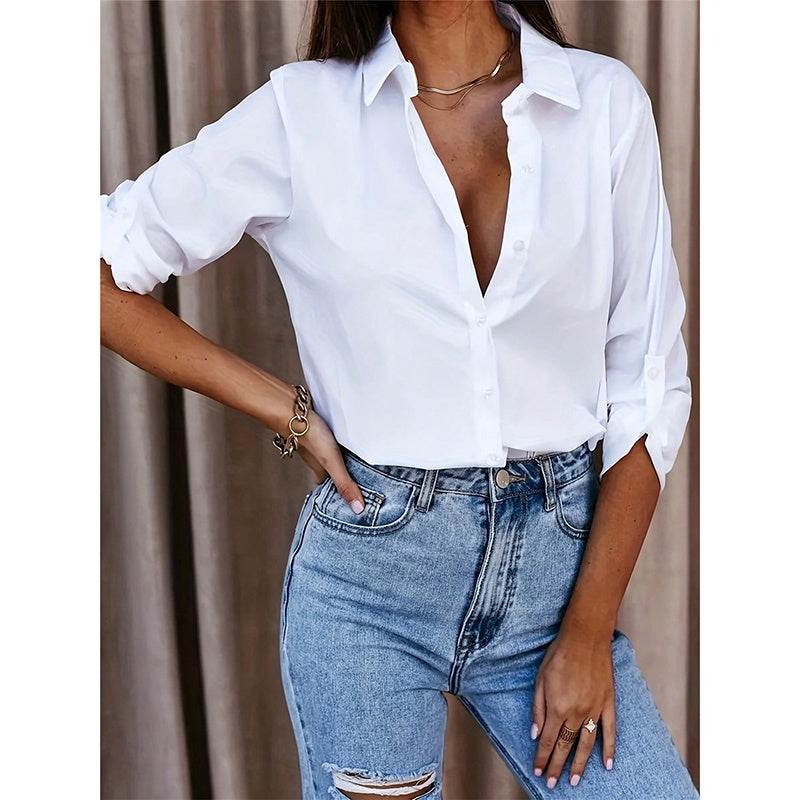 Women's Casual Long Sleeve Button-Down Shirt With Roll-Up Sleeves, Stylish Mid-Length Blouse For Everyday Wear - www.Shopthatapp.com