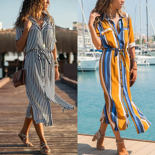 Stripe Shirt Women's Dress Spring Summer Chiffon V-neck Sexy Maxi Dresses Sexy Elegant Casual Girl Lace Women Long Sleeve - www.Shopthatapp.com