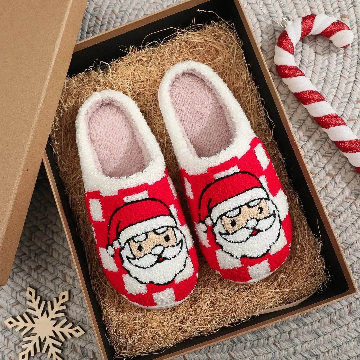 New Christmas Plaid Santa Claus Slippers Winter Indoor Non-slip Floor Bedroom Fuzzy House Shoes For Women Home Slipper - www.Shopthatapp.com