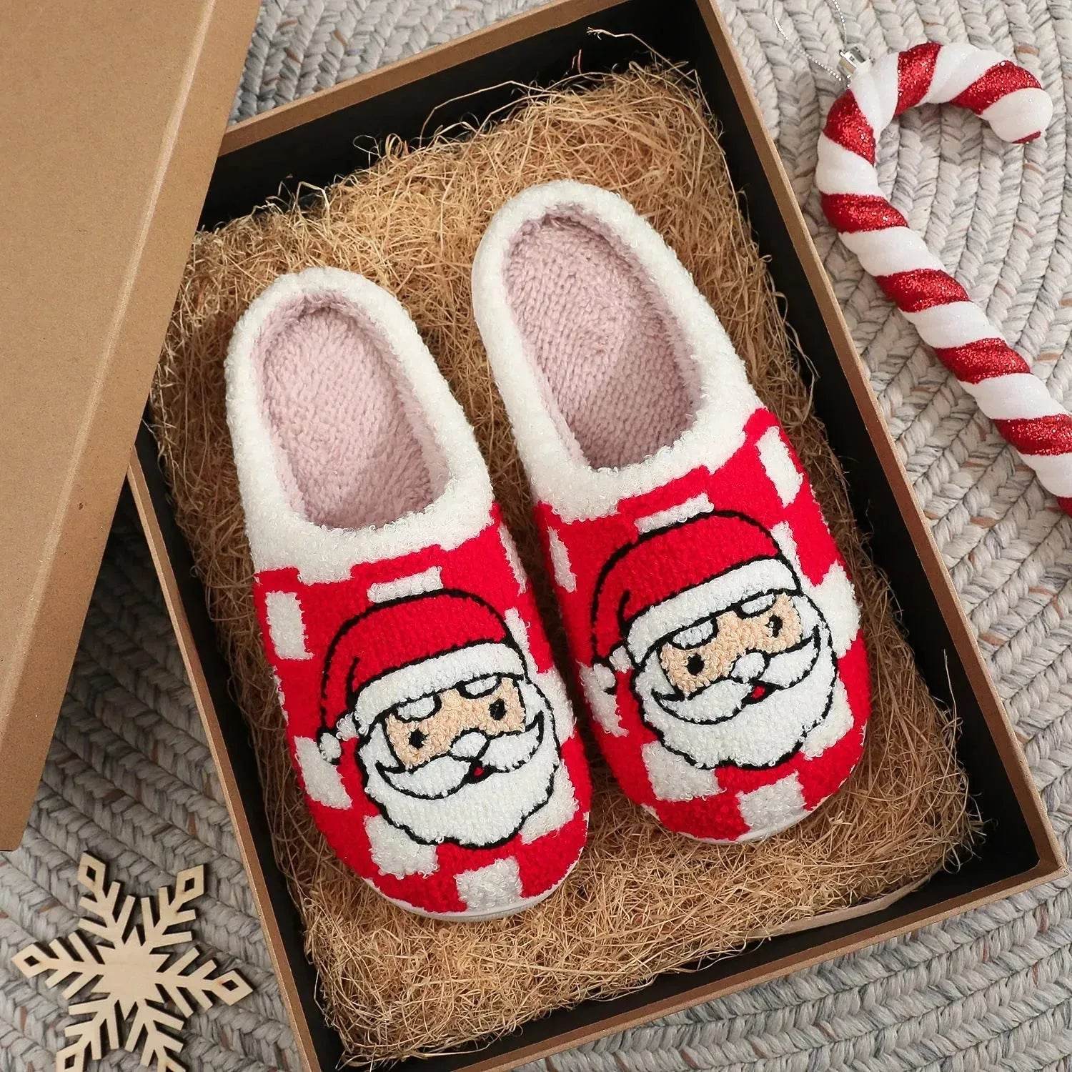 New Christmas Plaid Santa Claus Slippers Winter Indoor Non-slip Floor Bedroom Fuzzy House Shoes For Women Home Slipper - www.Shopthatapp.com