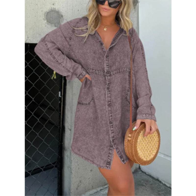 Women's Denim Washed Loose Shirt Dress - www.Shopthatapp.com