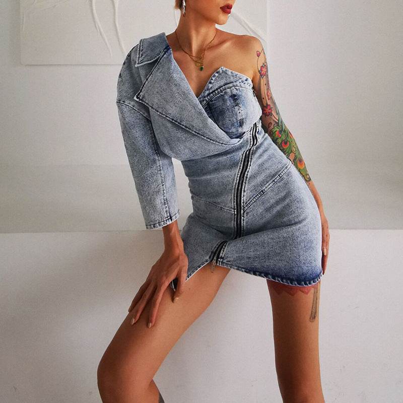 Street Fashion One shoulder Denim Mini Jeans hip dress - www.Shopthatapp.com