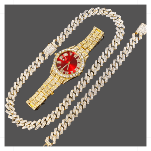 14MM Cuban Link Chain, Bracelet, Red Face Watch - Gold-Jewellery-www.Shopthatapp.com-Lost and Found Jewelers