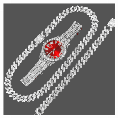 14MM Cuban Link Chain, Bracelet, Red Face Watch - Silver - Www.Shopthatapp.com