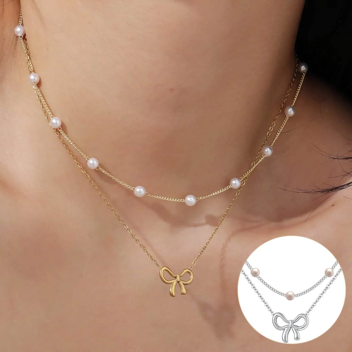 Simple Pearl Double Layer Choker Fashion Gold Color Necklaces Chain Small Bow Pendant Necklace Jewelry Gifts For Women Fashion Jewelry Valentine's Day Gifts - www.Shopthatapp.com