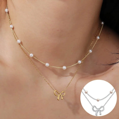 Simple Pearl Double Layer Choker Fashion Gold Color Necklaces Chain Small Bow Pendant Necklace Jewelry Gifts For Women Fashion Jewelry Valentine's Day Gifts - www.Shopthatapp.com