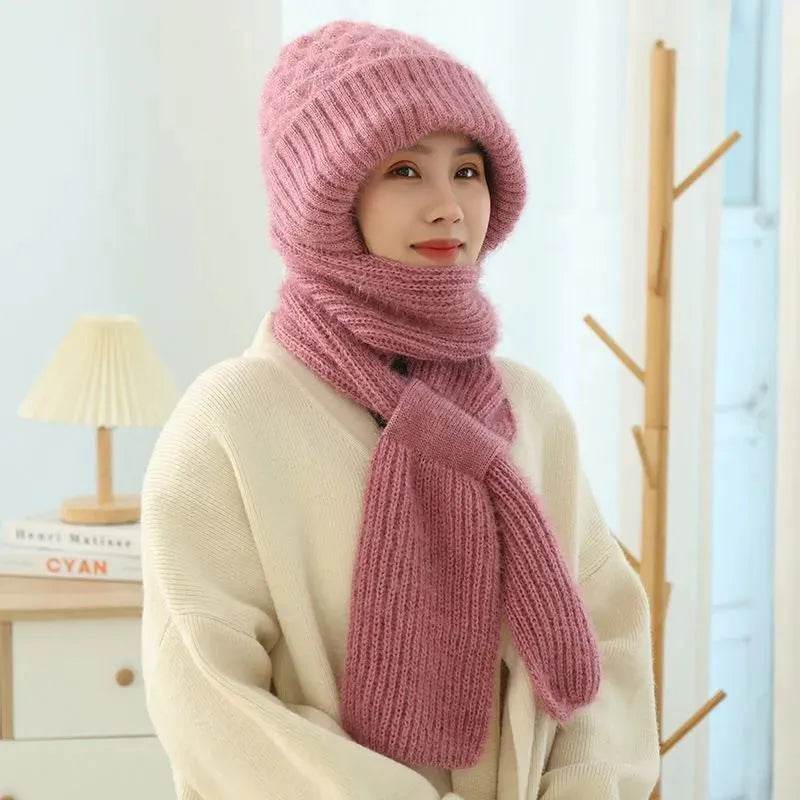 Women's Fleece-lined Scarf And Hat Winter Warm Knitted Hat Scarf - www.Shopthatapp.com