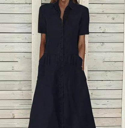 Women's European And American Lapel Casual loose button down Midi Denim jeans Mum Dress - www.Shopthatapp.com