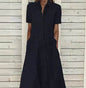 Women's European And American Lapel Casual loose button down Midi Denim jeans Mum Dress - www.Shopthatapp.com