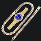 14MM Cuban Link Chain, Bracelet, Blue Face Watch - Gold - www.Shopthatapp.com