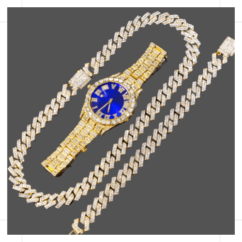 14MM Cuban Link Chain, Bracelet, Blue Face Watch - Gold - www.Shopthatapp.com