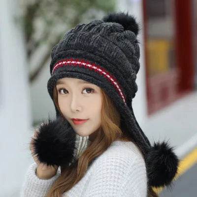 Women Cozy Knit Fleece-Feel Beanie With Ear Flaps Winter Hat Perfect For Skiing & Outdoor Activities - www.Shopthatapp.com