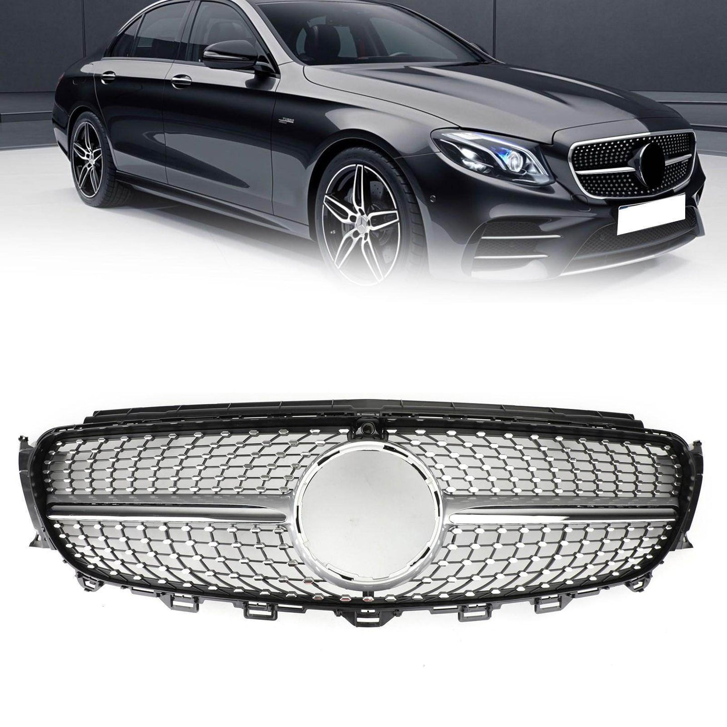 Diamond Silver Edge Front Grille For 2016 To 2019 Mercedes-Benz W213 E300 E400 - www.Shopthatapp.com