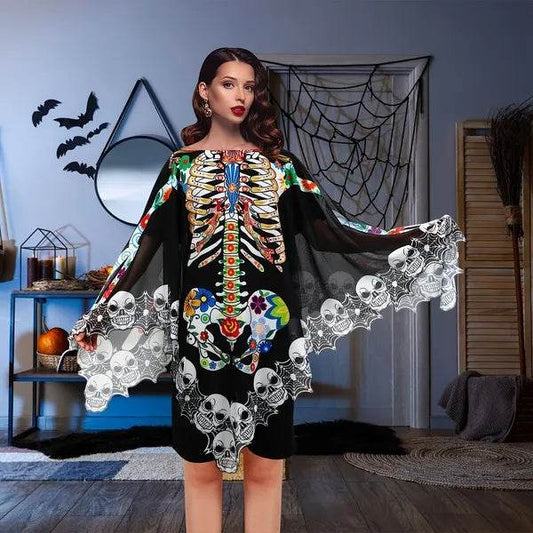 Halloween Skeleton Poncho, Lace Skeleton Halloween Costume Poncho Day Of The Dead Poncho For Women - www.Shopthatapp.com