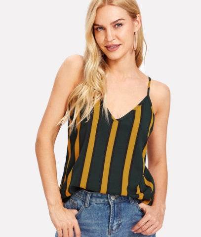 Casual Double V Neck Striped summer Top Spaghetti Strap Summer Multicolor Backless Tops - www.Shopthatapp.com