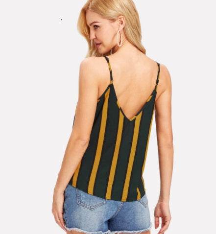 Casual Double V Neck Striped summer Top Spaghetti Strap Summer Multicolor Backless Tops - www.Shopthatapp.com
