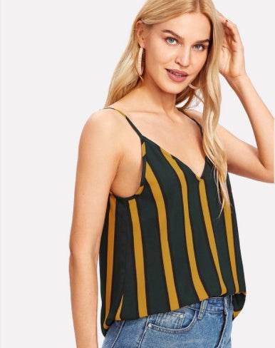 Casual Double V Neck Striped summer Top Spaghetti Strap Summer Multicolor Backless Tops - www.Shopthatapp.com