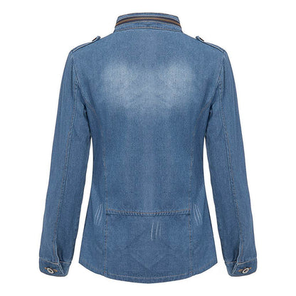 Fitted Zip up Lapel Women Denim Jacket - www.Shopthatapp.com
