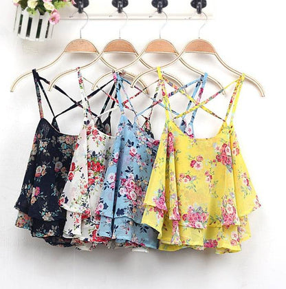 Women Summer Strap Floral Print Chiffon Blouse Tops Retro Floral Cross-Shoulder Shirts Sleeveless T - www.Shopthatapp.com