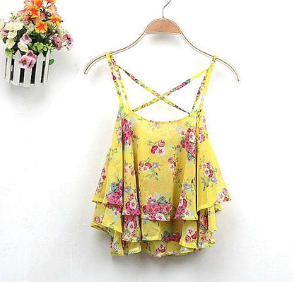 Women Summer Strap Floral Print Chiffon Blouse Tops Retro Floral Cross-Shoulder Shirts Sleeveless T - www.Shopthatapp.com