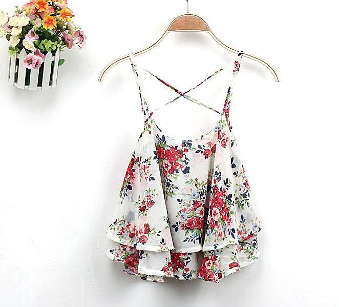 Women Summer Strap Floral Print Chiffon Blouse Tops Retro Floral Cross-Shoulder Shirts Sleeveless T - www.Shopthatapp.com