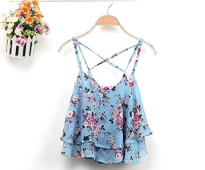 Women Summer Strap Floral Print Chiffon Blouse Tops Retro Floral Cross-Shoulder Shirts Sleeveless T - www.Shopthatapp.com