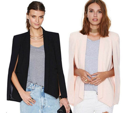 New Ladies Women Long Sleeve Lapel Cape Poncho Office Jacket Cloak Blazer Suit Coat KR2 - www.Shopthatapp.com
