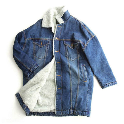 Blue Fleece Lined Denim Jacket 3/4 Sleeve Unisex Jeans Jacket
