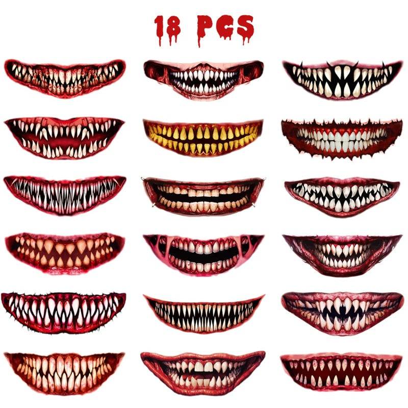 18 Sheets Halloween Temporary Tattoo Stickers 18 Styles Realistic Face Tattoo Face Stick Horror Prank Props Make Up Face Decals Cosplay Decor For Halloween Trick Or Treat Party Costumes Party - www.Shopthatapp.com