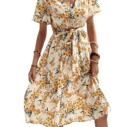 Women Bohemian Spring Short sleeve Casual flowy V-neck Tie belt Floral Summer Midi Dress - www.Shopthatapp.com