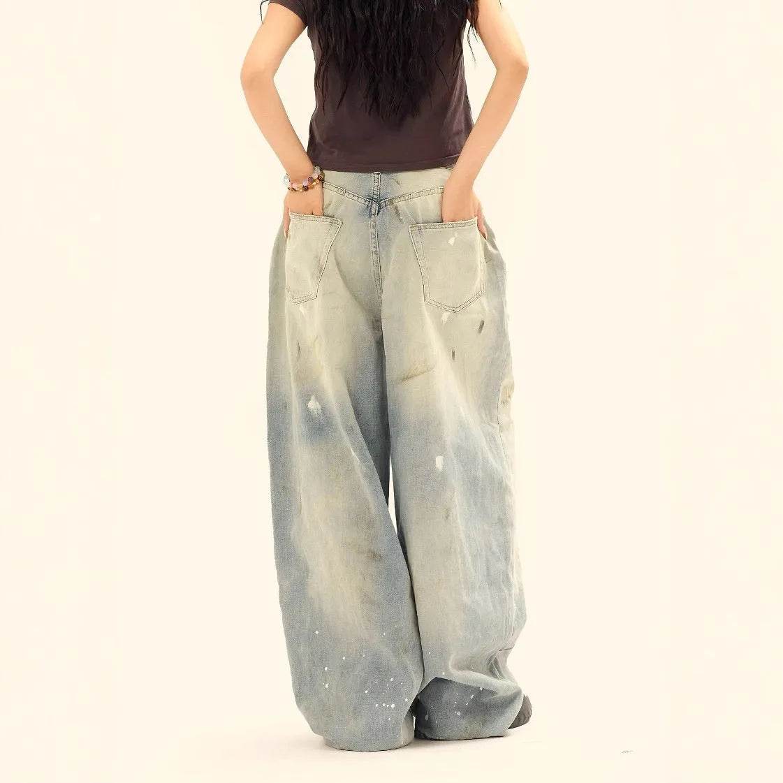 Washed Distressed Casual Loose Wide-leg Baggy Jeans Pant Splash-ink Design Slimming Unisex Style Mop Pants Men And Women - www.Shopthatapp.com