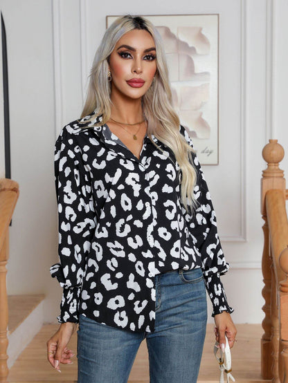 Leopard Print Lantern Sleeve Blouse Shirt top for Women - www.Shopthatapp.com
