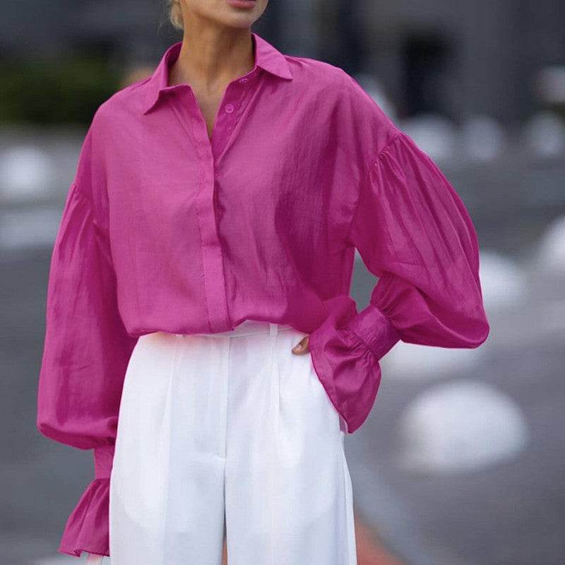 Loose Lapel Lantern Long Sleeves Blouse Shirt For Women - www.Shopthatapp.com