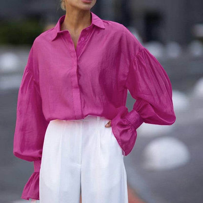 Loose Lapel Lantern Long Sleeves Blouse Shirt For Women - www.Shopthatapp.com